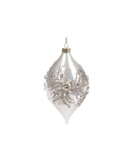 Елочное украшение в форме капли с декором из бусин, цвет - жемчужный белый (15см)