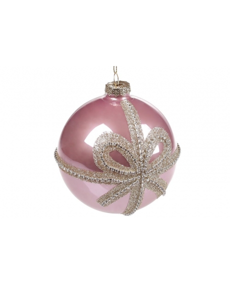 Елочный шар с декором из страз Бантик, цвет - розовый (10см)