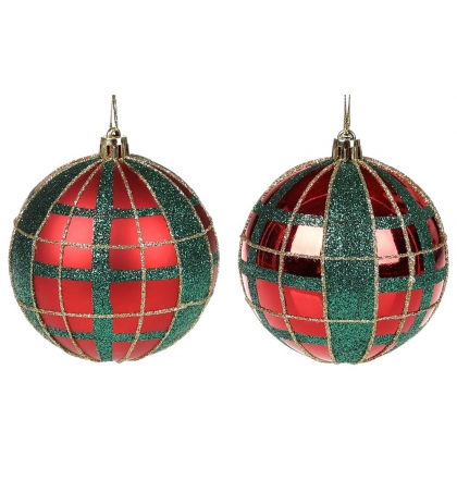 Елочный шар с зеленым и золотым узором, цвет - красный матовый, красный глянцевый (размер: 8 см.)