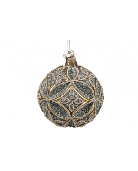 Елочный шар рельефной формы с декором из глиттера, цвет - старинное золото (8см)