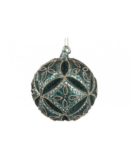 Елочный шар  рельефной формы с декором из глиттера, цвет - морской зеленый (10см)