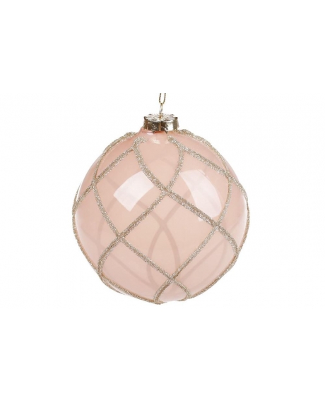 Елочный шар  полупрозрачный с орнаментом из глиттера, цвет - пудра (10см)