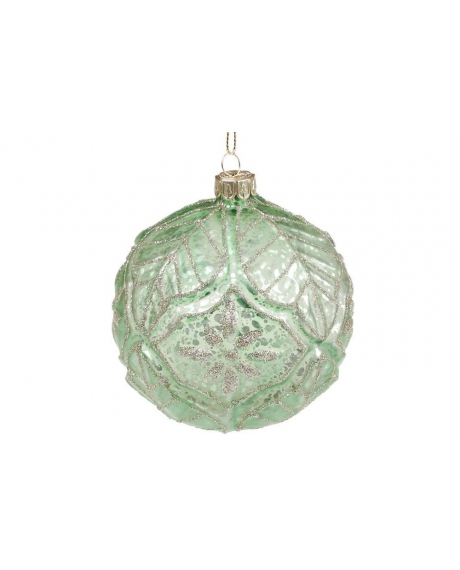 Елочный шар  с рельефным узором и декором из глиттера, цвет -травяной зеленый (10см)