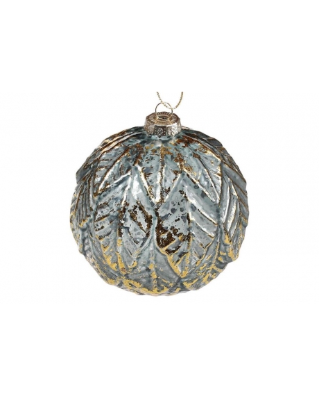 Елочный шар  с рельефным орнаментом Листья, цвет - графитовый синий с золотом (10см)