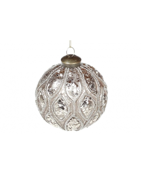 Елочный шар, с орнаментом из глиттера, цвет - старинное серебро (8см)
