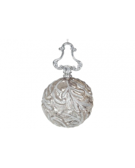 Елочный шар  на фигурном подвесе с рельефным орнаментом, цвет - серебро (12см)