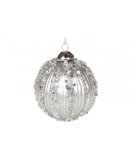 Елочный шар  рельефной формы с декором из бисера и пайеток , цвет - серебро (8см)