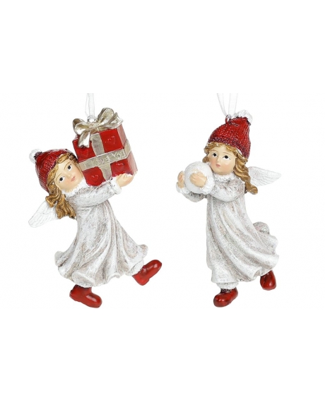 Декоративна підвісна фігурка "Янголятко з подарунком", колір - вінтажний білий з червоним (8,5 см)