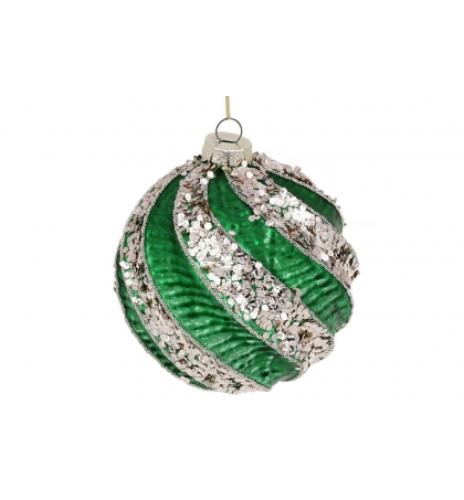 Елочный шар с рельефом и декором из глиттера , цвет - классический зелёный (10 см.)