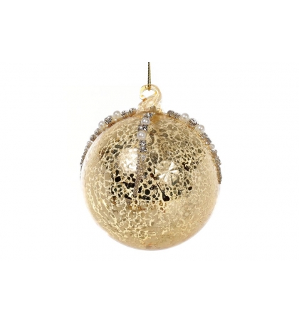 Елочный шар  золото антик с декором из страз и бусин (размер: 8 см., 10 см.)