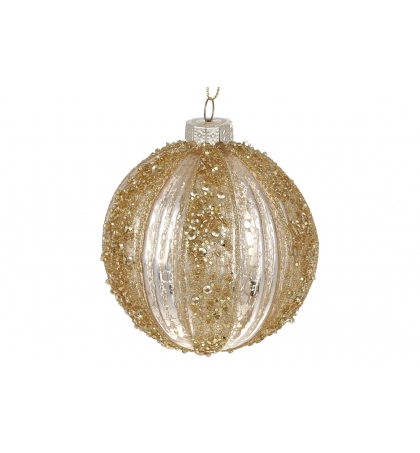 Ялинкова куля рельєфної форми з декором з глітера та пайєток, колір - світле золото (розмір: 8 см.)