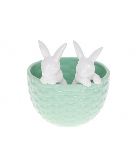 Кашпо декоративне Кролики в кошику, 15см, колір - зелений з білим 733541