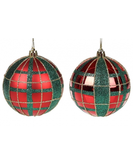 Елочный шар с зеленым и золотым узором, цвет - красный матовый, красный глянцевый (размер: 8 см.)
