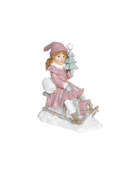Декоративна статуетка "Дівчинка з ялинкою на санках", колір - пурпурний (22 см.)