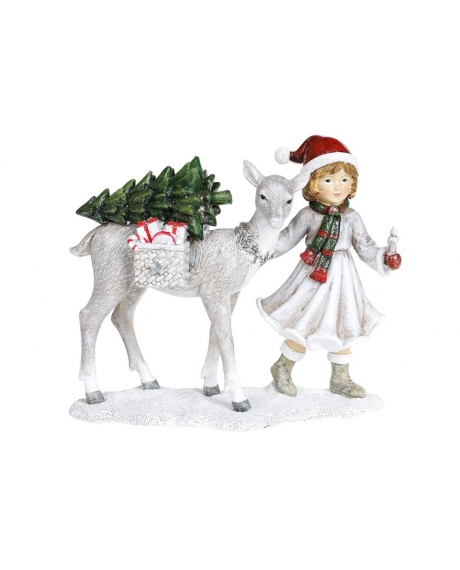 Декоративна статуетка "Дівчинка з оленем", колір - вінтажний білий з червоним (22 см.)
