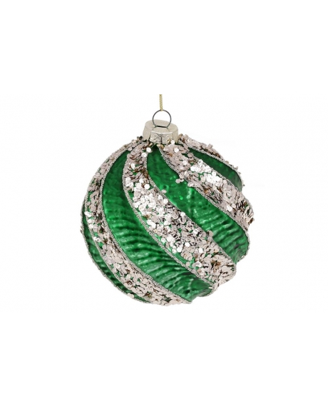Ялинкова куля з рельєфом і декором з Гліттера, колір - класичний зелений (10 см.)