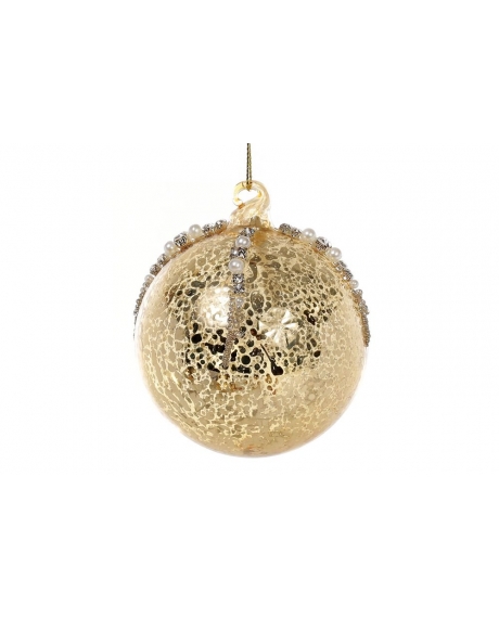 Елочный шар  золото антик с декором из страз и бусин (размер: 8 см., 10 см.)