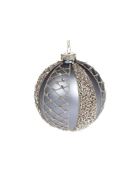 Елочный шар c декором из глиттера и бисера, цвет - серая платина (10 см.)