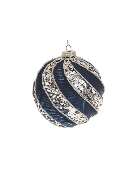 Елочный шар с рельефом и декором из глиттера,  цвет - тёмно-синий (10 см.)