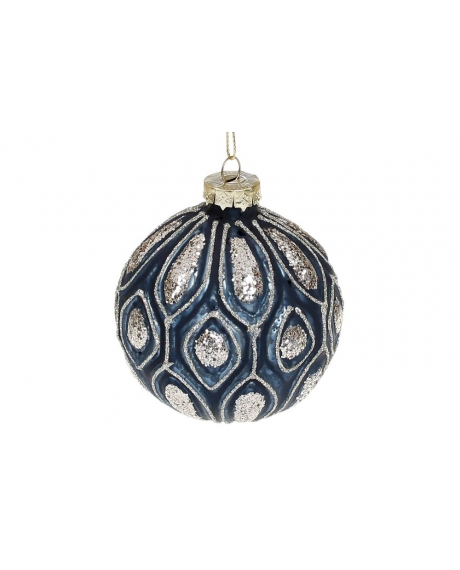 Елочный шар с рельефом и декором из глиттера, цвет - тёмно-синий антик