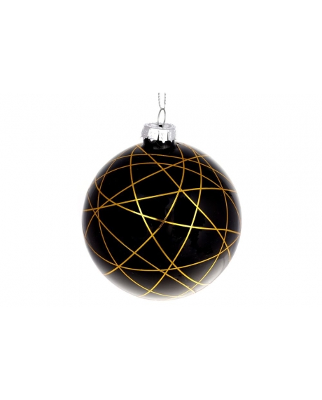 Елочный шар с рисунком из золотых линий,  цвет - чёрный глянец