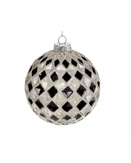 Елочный шар рельефной формы с декором из глиттера, цвет - чёрный с серебром антик 