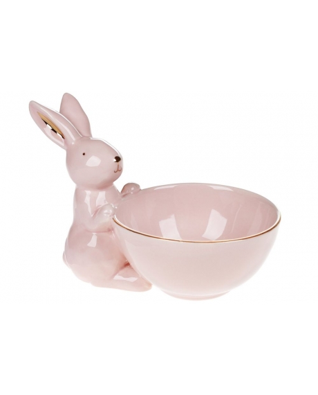 Пиала керамическая с фигуркой Кролика с золотыми ушками, цвет - нежно-розовый (500 мл.)