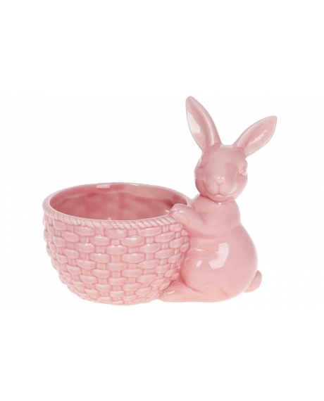 Кашпо декоративное Кролик с корзинкой,  цвета - розовый, зеленая мята (16 см.)