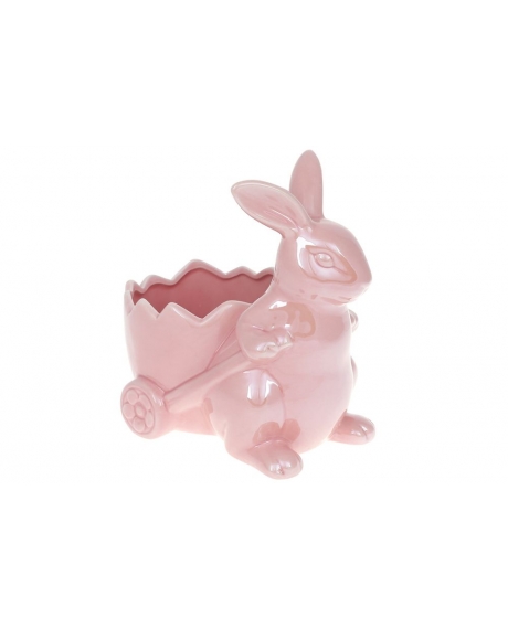 Кашпо для декоративних композицій "Зайчик з візком", колір - рожевий перламутр