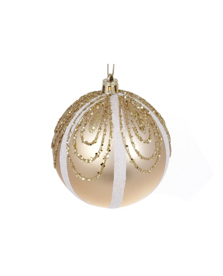 Елочный шар  с узором из глитера, цвет - матовая шампань, матовый оливковый, матовое золото (размер: 8 см.)