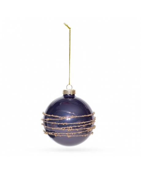 Елочный шар с полосками с бисером, цвет - золото, розовый, зеленый, бордо, темно-голубой (размер: 8 см.)