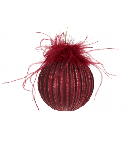 Елочный шар рельефной формы с декором из перьев и глиттера, цвет - бордовый (размер: 8 см, 10 см.)