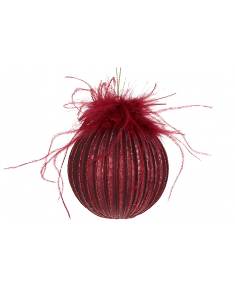 Елочный шар рельефной формы с декором из перьев и глиттера, цвет - бордовый (размер: 8 см, 10 см.)