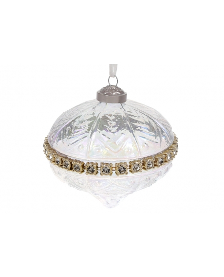 Елочное украшение с рельефным узором и декором из камней, цвет - бриллиантовый прозрачный (размер: 10 см.) 