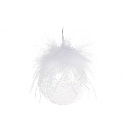 Елочный шар с покрытием лёд и декором из перьев, цвет - бриллиантовый прозрачный (размер: 8 см., 10 см.)