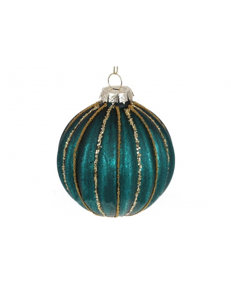 Елочный шар с рельефом и декором из глиттера, цвет - темно-бирюзовый (размер: 8 см., 10 см.)