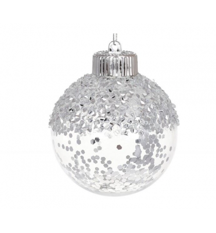 Елочный шар с блестками внутри, цвет - серебро (размер: 8 см., 10 см.)