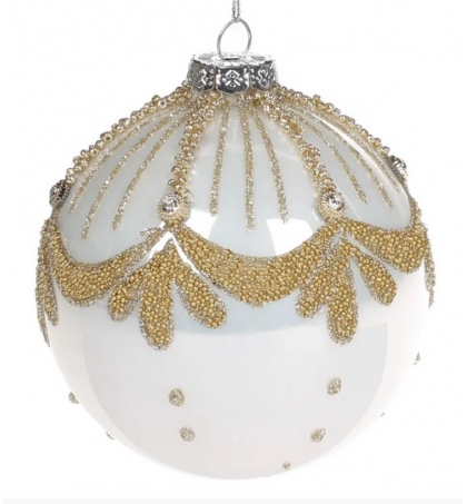 Елочный шар с декором из бусин и страз золотого цвета, цвет - жемчужный белый (размер: 10 см.)