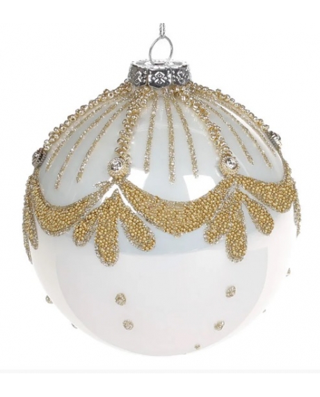 Елочный шар с декором из бусин и страз золотого цвета, цвет - жемчужный белый (размер: 10 см.)