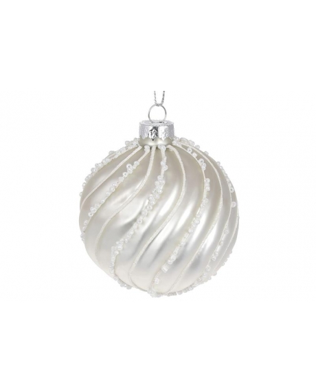 Елочный шар рельефной формы с декором из бисера, цвет - жемчужный белый (размер: 8 см.)