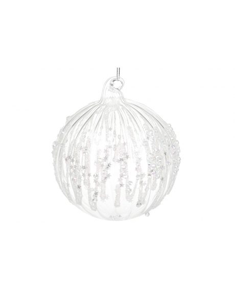 Елочный шар рельефной формы с декором из страз и пайеток, цвет - прозрачное стекло с белым (размер: 10 см.)