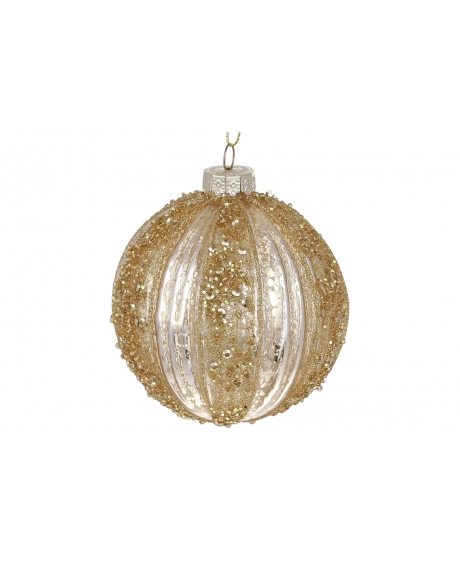 Елочный шар рельефной формы с декором из глиттера и пайеток, цвет - светлое золото (размер: 8 см.)
