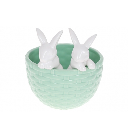 Кашпо декоративное Кролики в корзине, 15см, цвет – зеленый с белым 733541